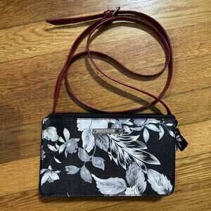 Nine West Black/White Floral Red Cross Body Strap Small Zippered Clutch Bag EUC